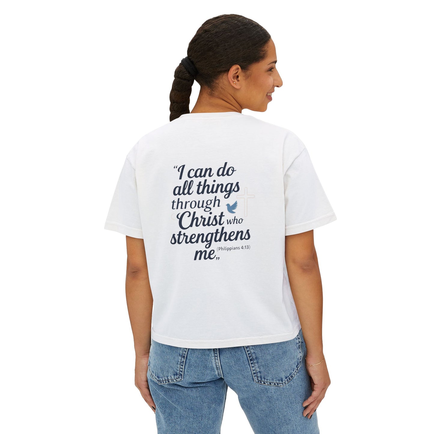 Christian Graphic Boxy Tee — "I Can Do All Things Through Christ" Inspirational Women’s T‑Shirt