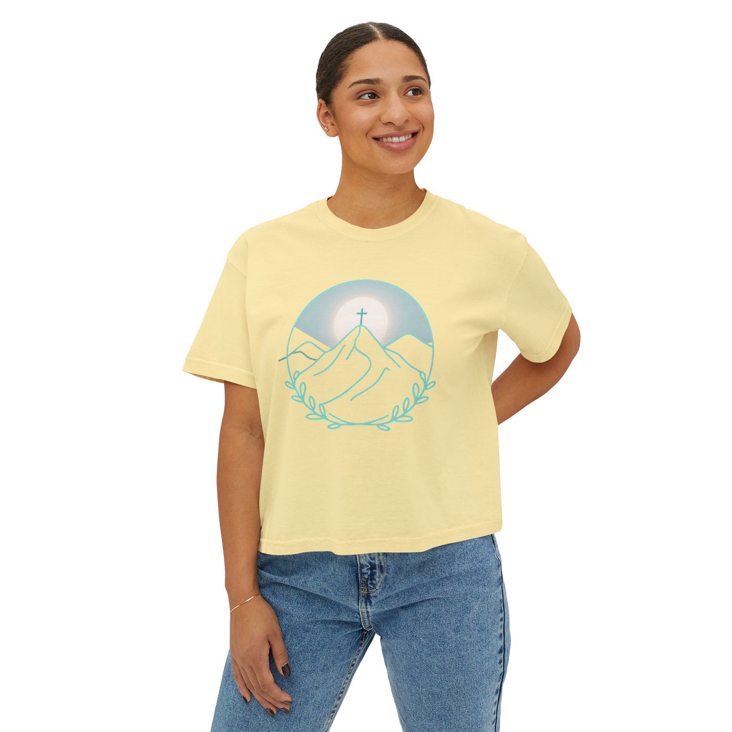 Women's Boxy Tee — Sunrise Mountain Line Art with Laurel (Calm, Faith-Inspired Vintage Tee)