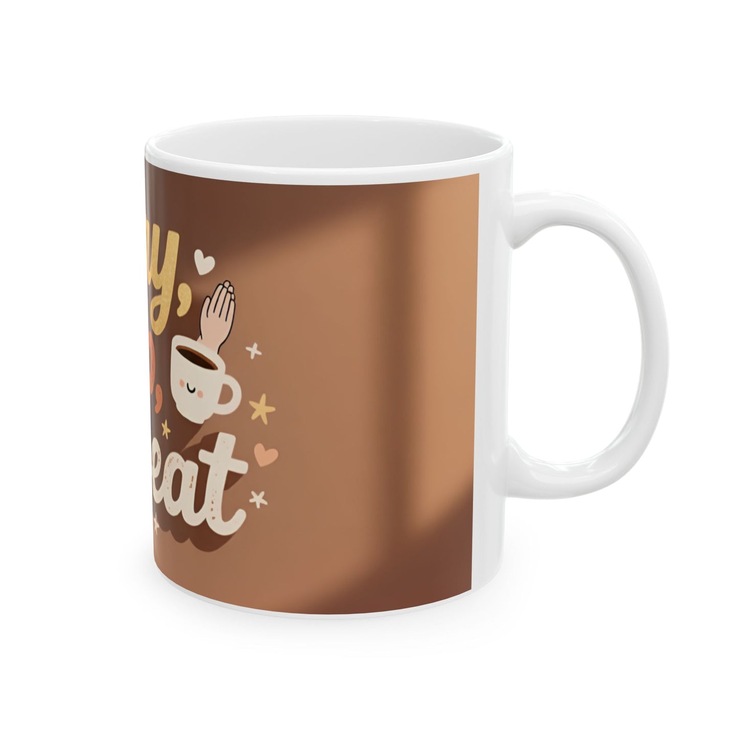 Pray Sip Repeat Mug | Ceramic Coffee Cup, Brown Stripes