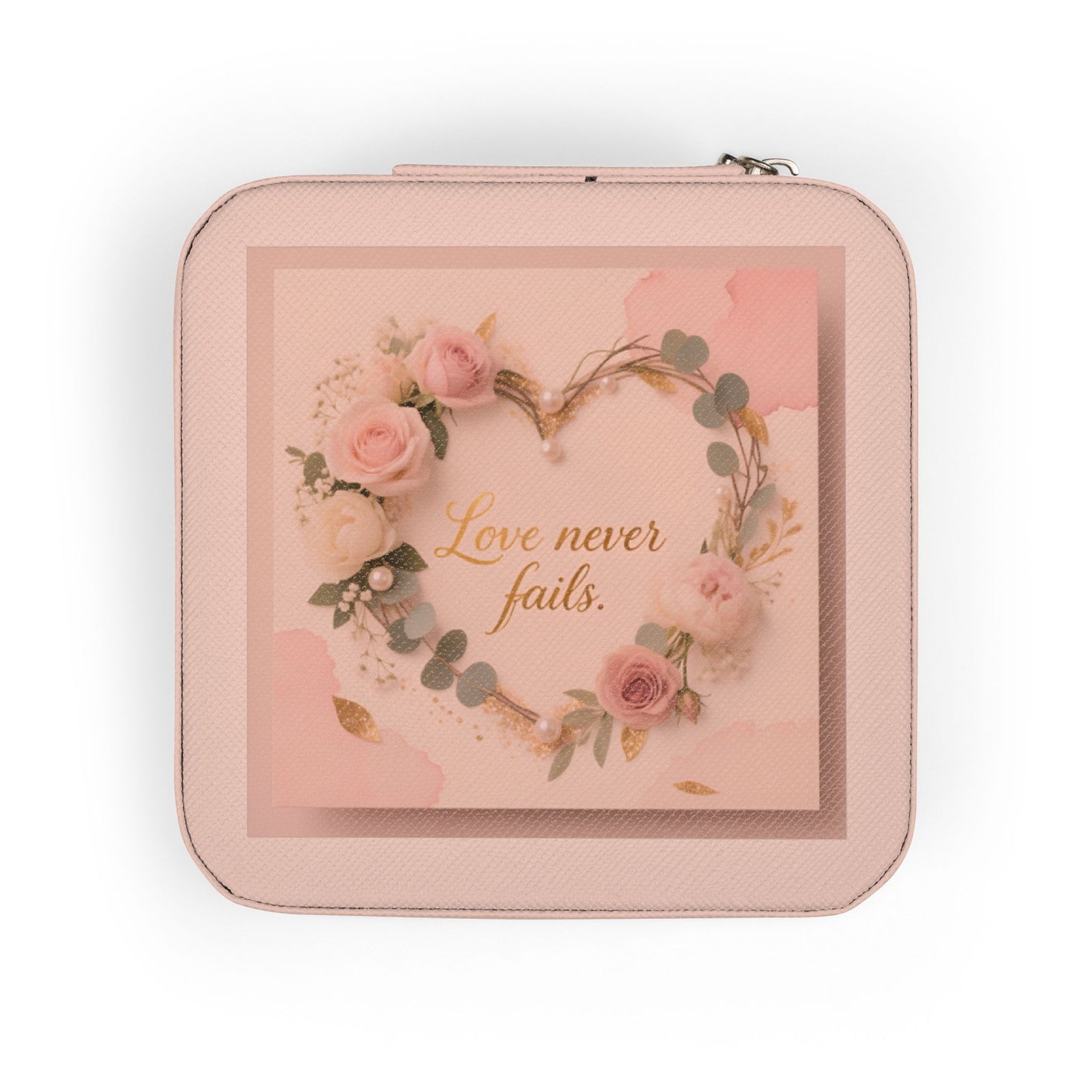 Portable Jewelry Travel Case - Pink Floral 'Love Never Fails' Organizer
