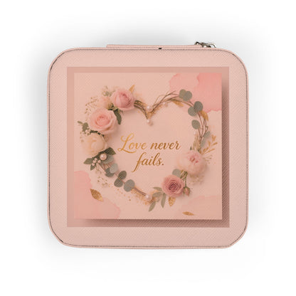 Portable Jewelry Travel Case - Pink Floral 'Love Never Fails' Organizer