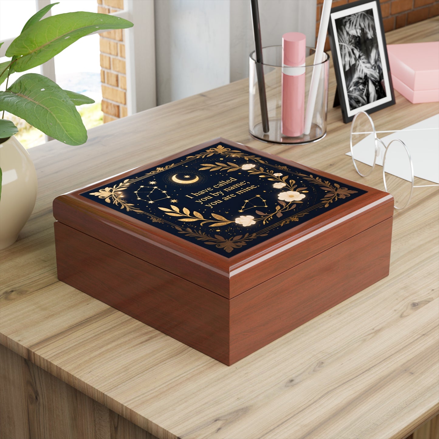 Keepsake Jewelry Box – 'I Have Called You By Name; You Are Mine' Gold Floral Moon Design