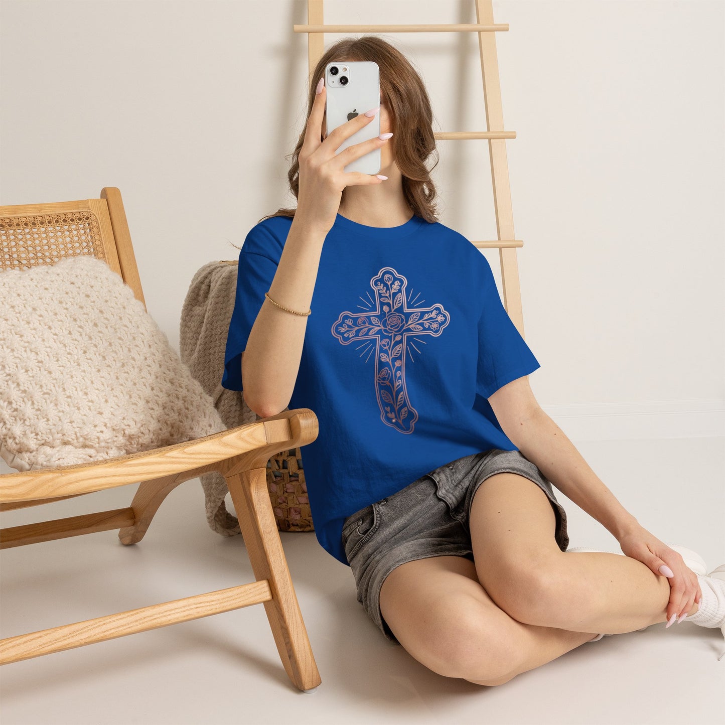 Floral Cross Tee – Delicate Pink Botanical Christian T-Shirt
