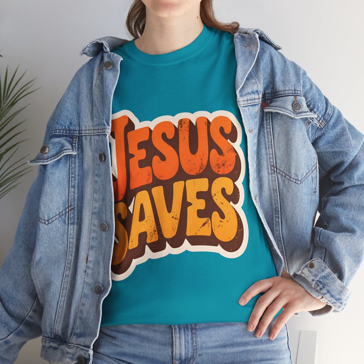 Jesus Saves Retro Tee — Bright Sunset Faith T-Shirt