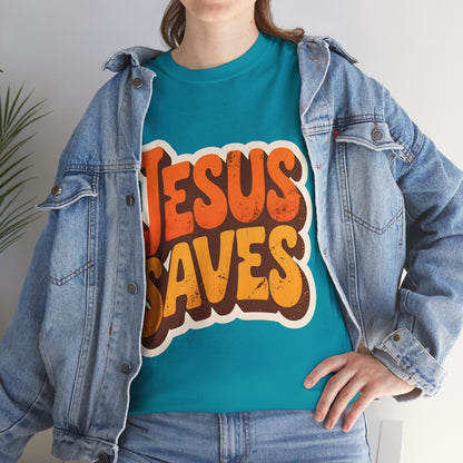 Jesus Saves Retro Tee — Bright Sunset Faith T-Shirt