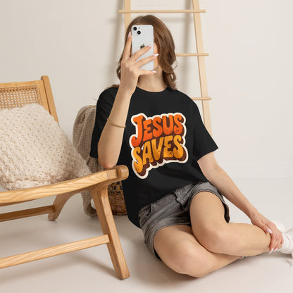 Jesus Saves Retro Tee — Bright Sunset Faith T-Shirt