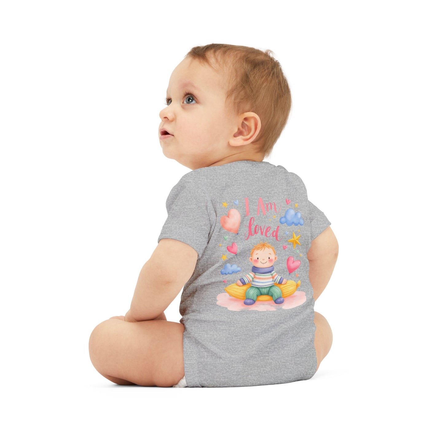 “I Am Loved” Baby Onesie – Cute Infant Bodysuit with Heart & Cloud Illustration