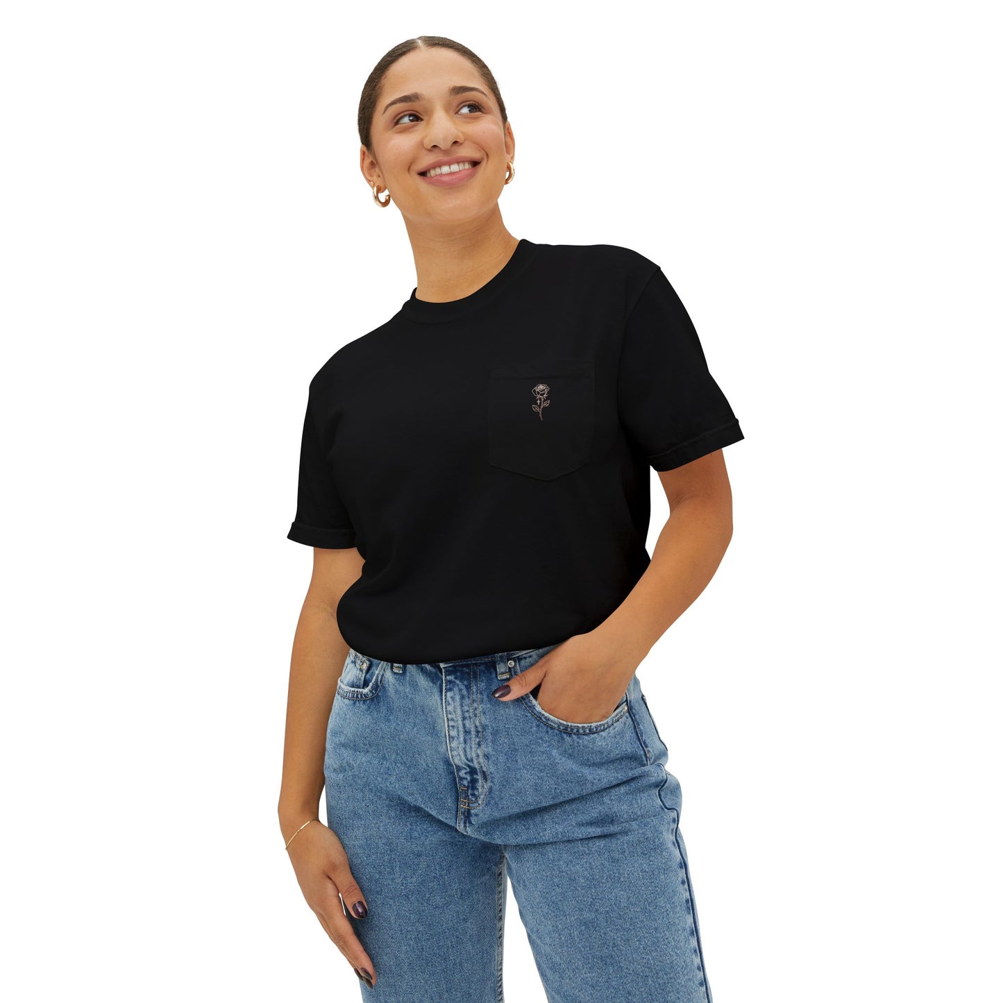 Garment-Dyed Pocket Tee — Rose Line-Art Back Design