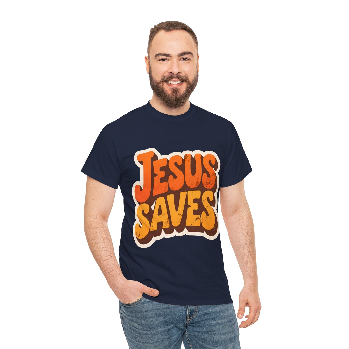 Jesus Saves Retro Tee — Bright Sunset Faith T-Shirt