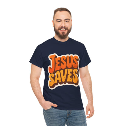 Jesus Saves Retro Tee — Bright Sunset Faith T-Shirt