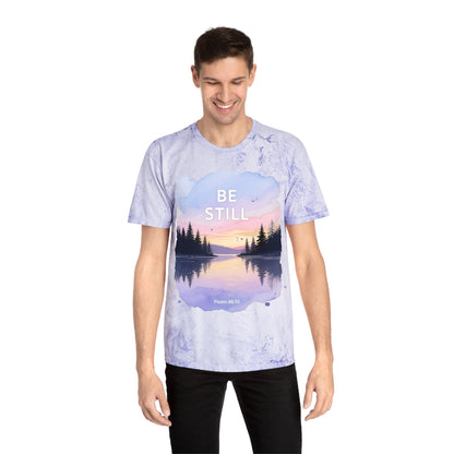 Be Still Scenic T-Shirt — Psalm 46:10 Sunset Lake Tee