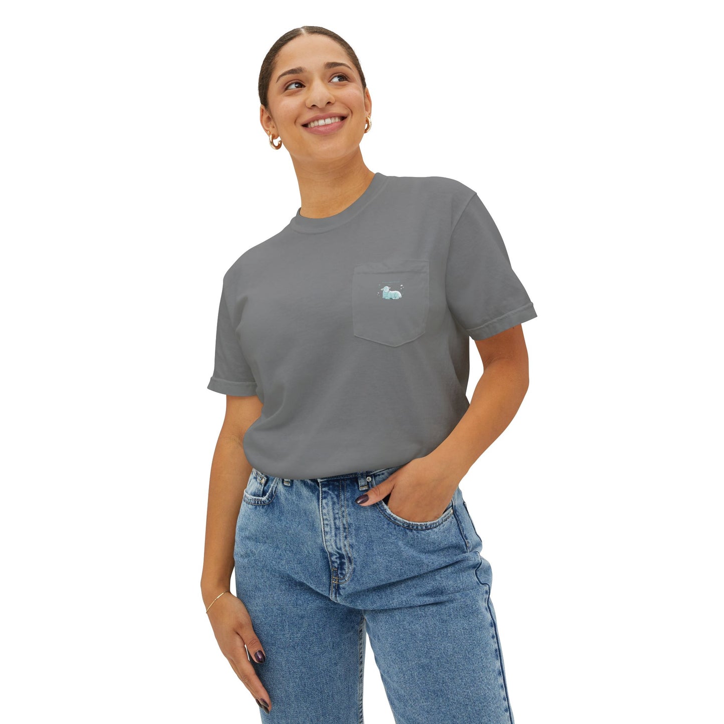 Lamb Rest Pocket T‑Shirt — Vintage Seafoam Pocket Tee with Script Verse