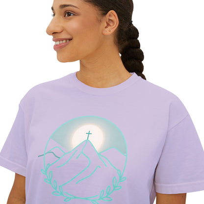 Women's Boxy Tee — Sunrise Mountain Line Art with Laurel (Calm, Faith-Inspired Vintage Tee)