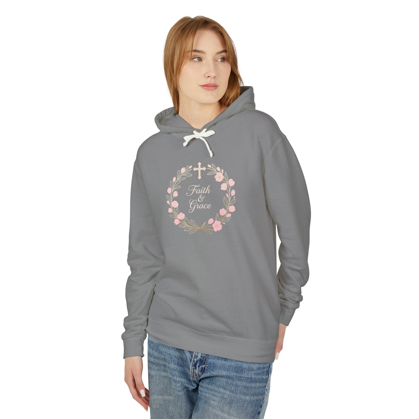 Faith & Grace Blush Rose Hoodie — Lightweight Floral Cross Pullover