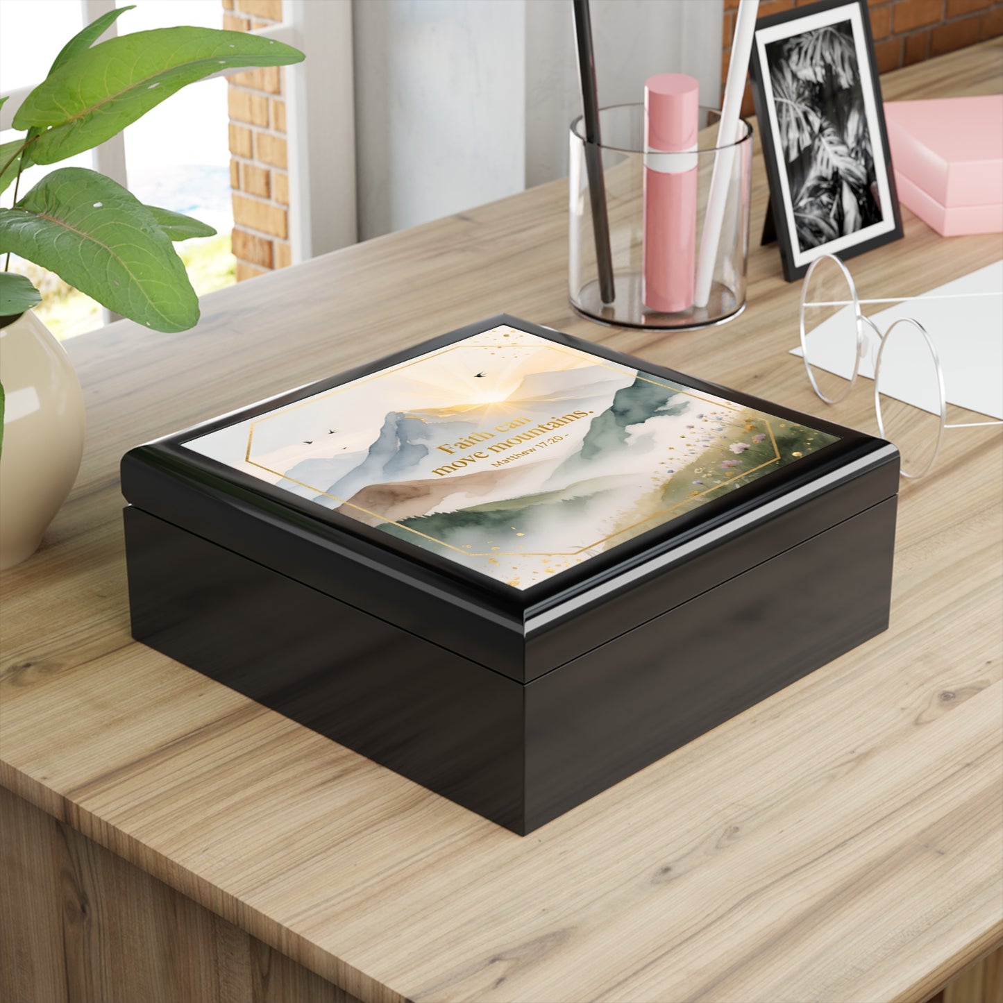 Inspirational 'Faith Can Move Mountains' Jewelry Box — Mountain Sunrise Keepsake
