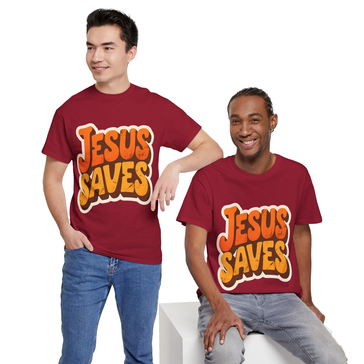 Jesus Saves Retro Tee — Bright Sunset Faith T-Shirt