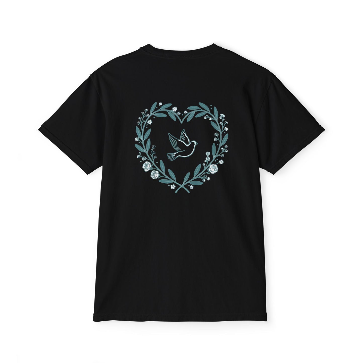 Pocket T-Shirt — Peace Dove Heart Back Graphic