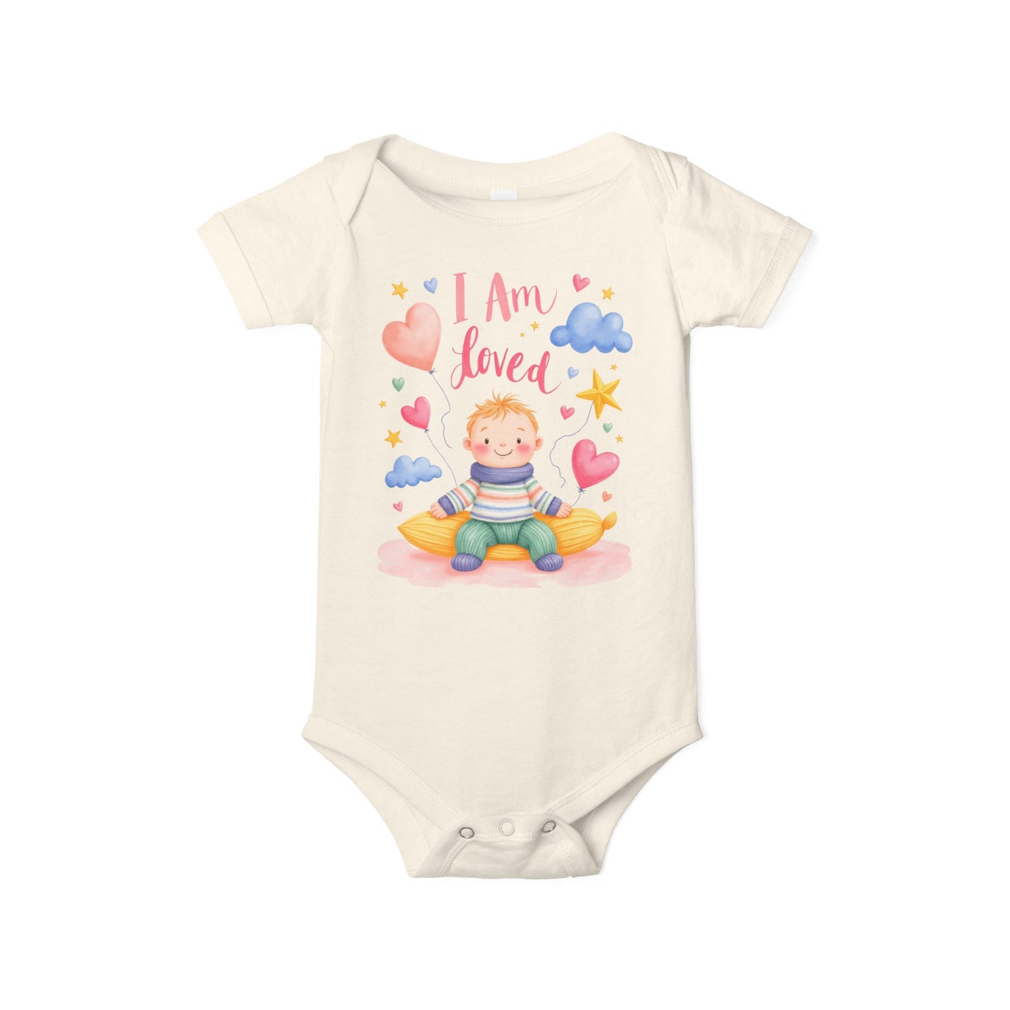 “I Am Loved” Baby Onesie – Cute Infant Bodysuit with Heart & Cloud Illustration
