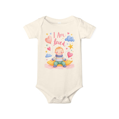 “I Am Loved” Baby Onesie – Cute Infant Bodysuit with Heart & Cloud Illustration