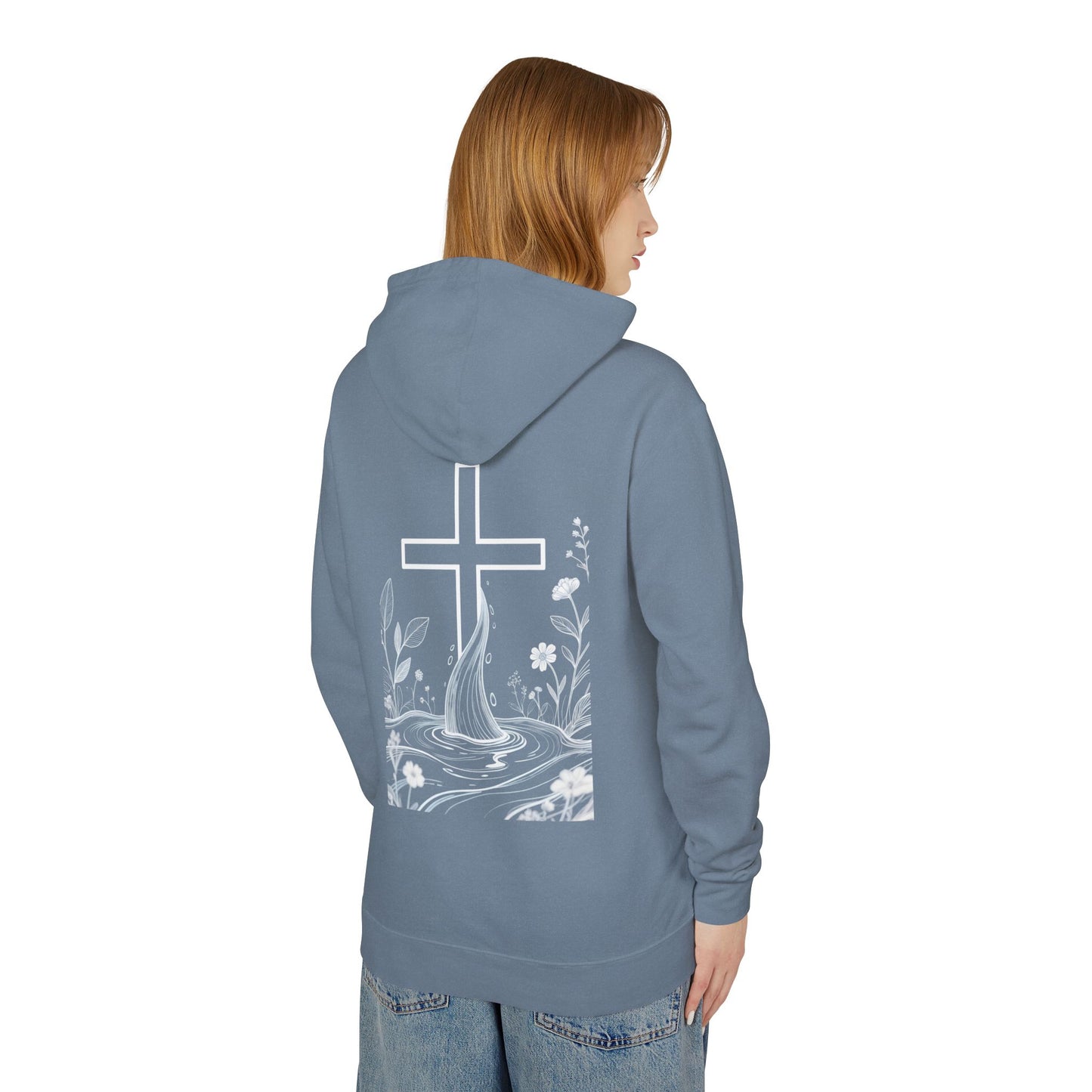 Lightweight Faith Hoodie — Subtle Cross & Stream Design