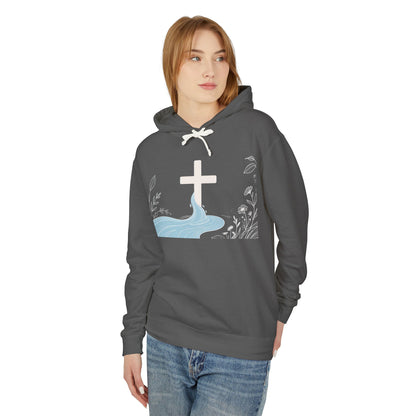 Lightweight Faith Hoodie — Subtle Cross & Stream Design