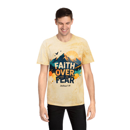 Faith Over Fear Color-Blast T-Shirt — Joshua 1:9 Retro Sunrise