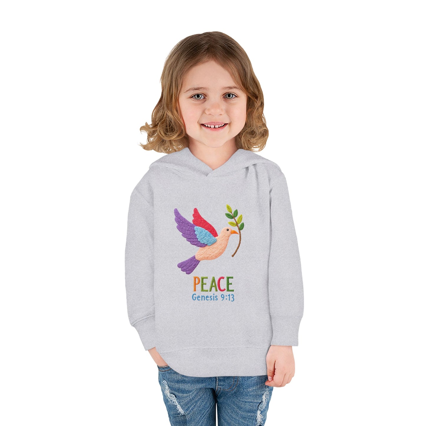Toddler Hoodie — Colorful Peace Dove with Olive Branch & “PEACE Genesis 9:13”