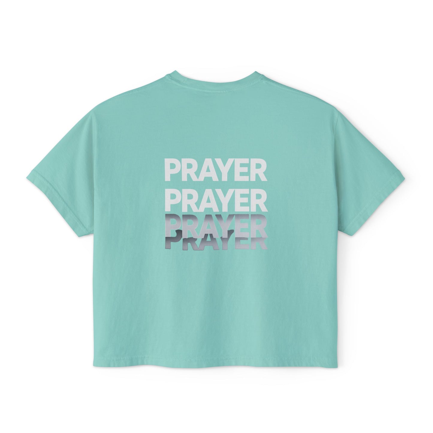 Prayer Boxy Tee — Women's Spiritual Graphic Top (Prayer Repeated Design)