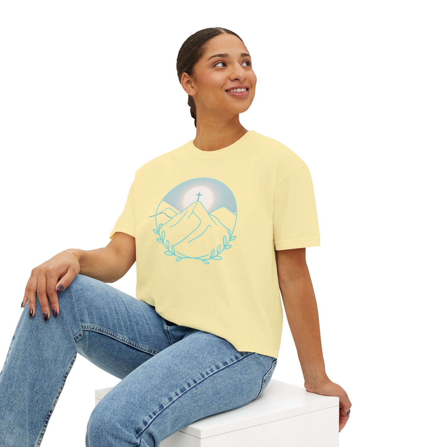 Women's Boxy Tee — Sunrise Mountain Line Art with Laurel (Calm, Faith-Inspired Vintage Tee)
