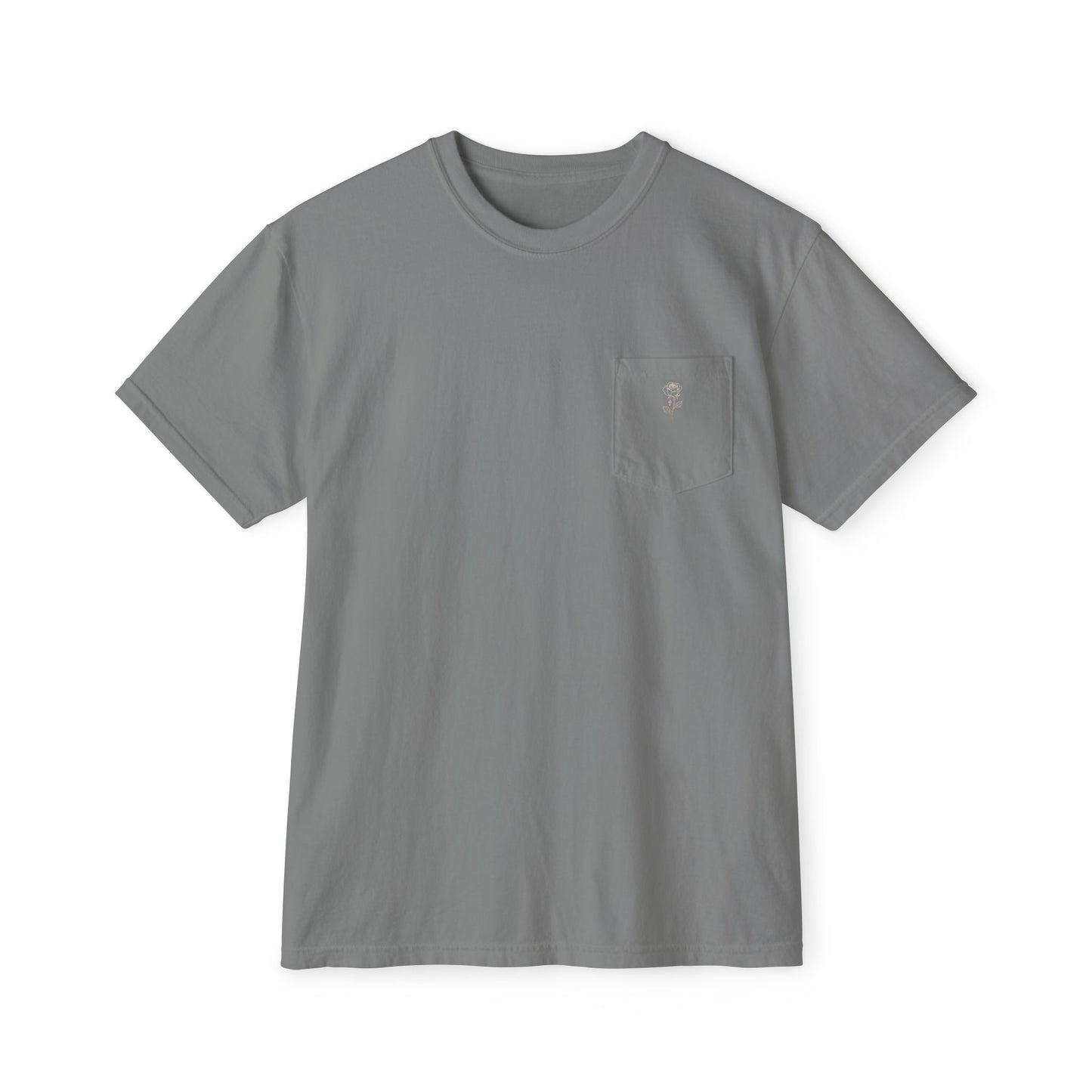 Garment-Dyed Pocket Tee — Rose Line-Art Back Design