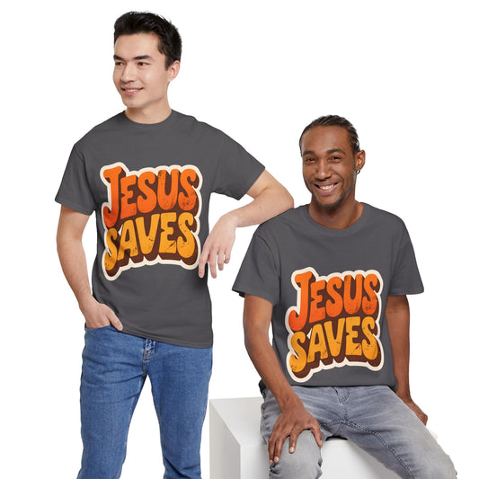 Jesus Saves Retro Tee — Bright Sunset Faith T-Shirt