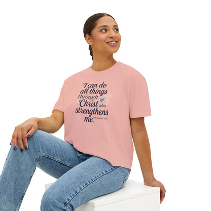 Christian Graphic Boxy Tee — "I Can Do All Things Through Christ" Inspirational Women’s T‑Shirt