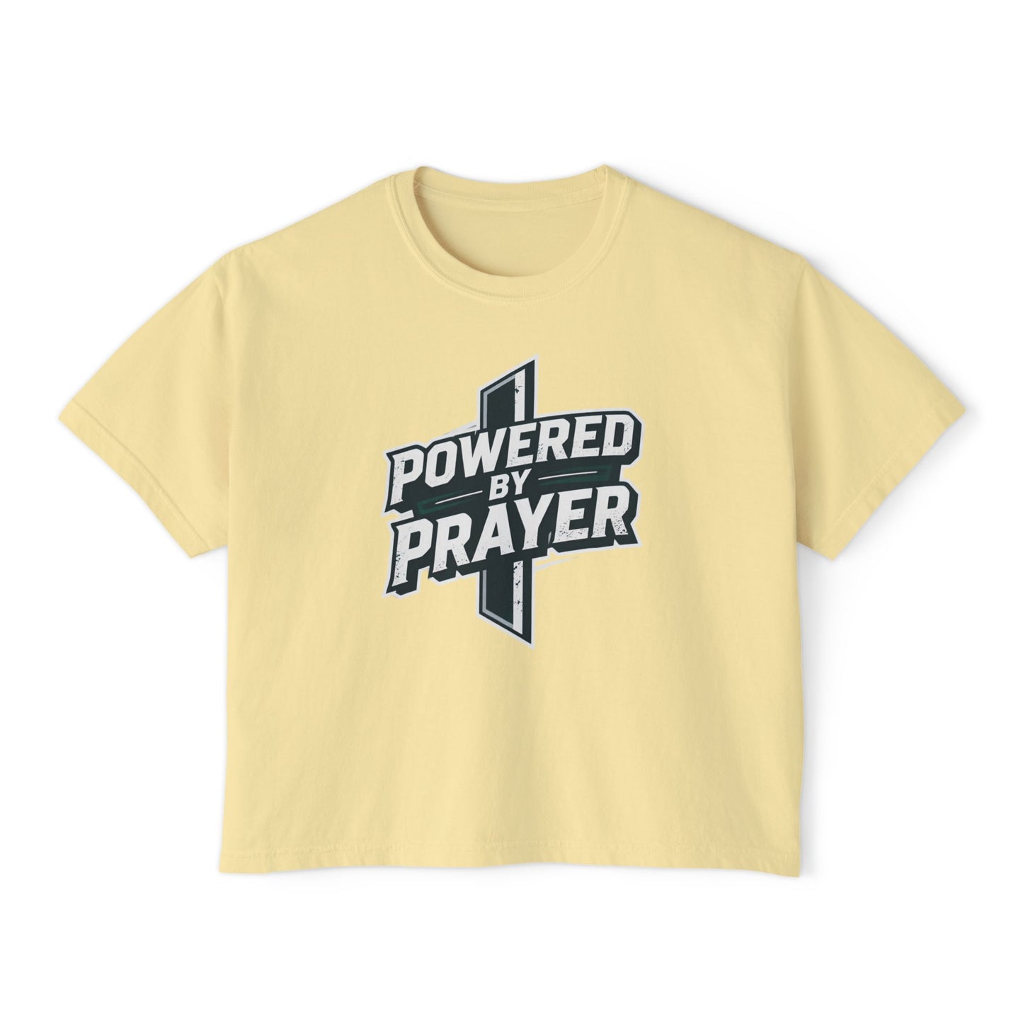 Powered by Prayer Boxy Tee — Women's Christian Graphic Shirt