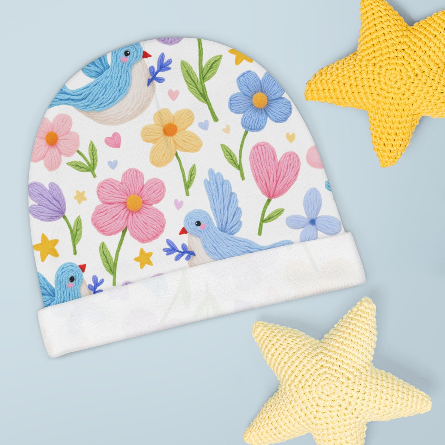 Baby Beanie — Pastel Floral & Bluebird Knit Hat for Newborns