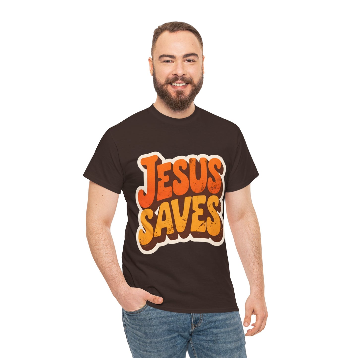 Jesus Saves Retro Tee — Bright Sunset Faith T-Shirt