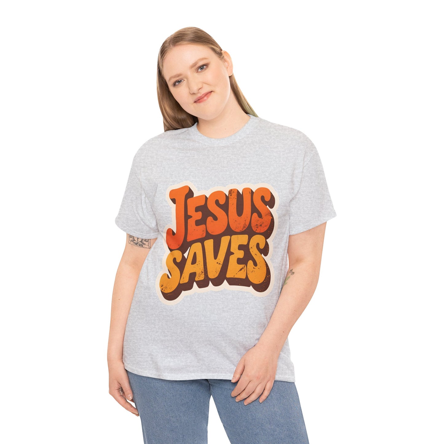 Jesus Saves Retro Tee — Bright Sunset Faith T-Shirt