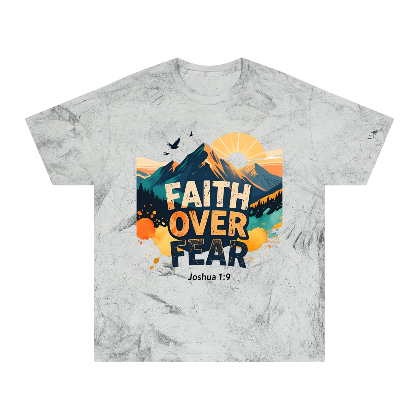 Faith Over Fear Color-Blast T-Shirt — Joshua 1:9 Retro Sunrise
