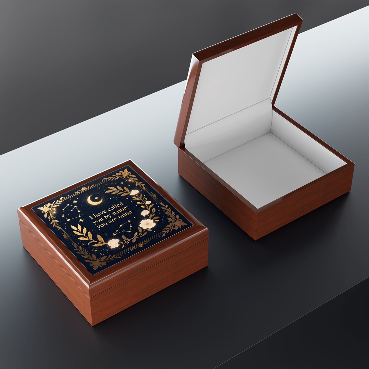 Keepsake Jewelry Box – 'I Have Called You By Name; You Are Mine' Gold Floral Moon Design