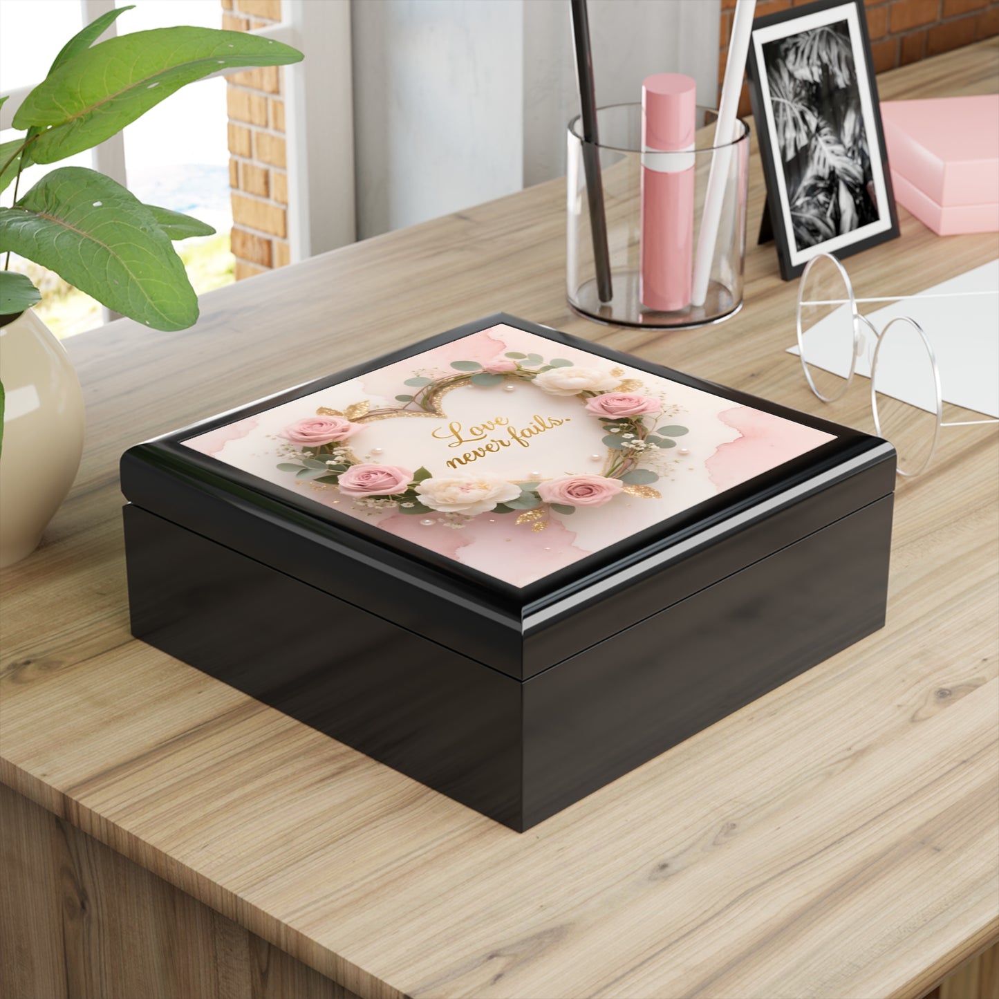 Jewelry Box - "Love Never Fails" Floral Heart Keepsake Box