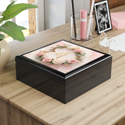 Jewelry Box - "Love Never Fails" Floral Heart Keepsake Box