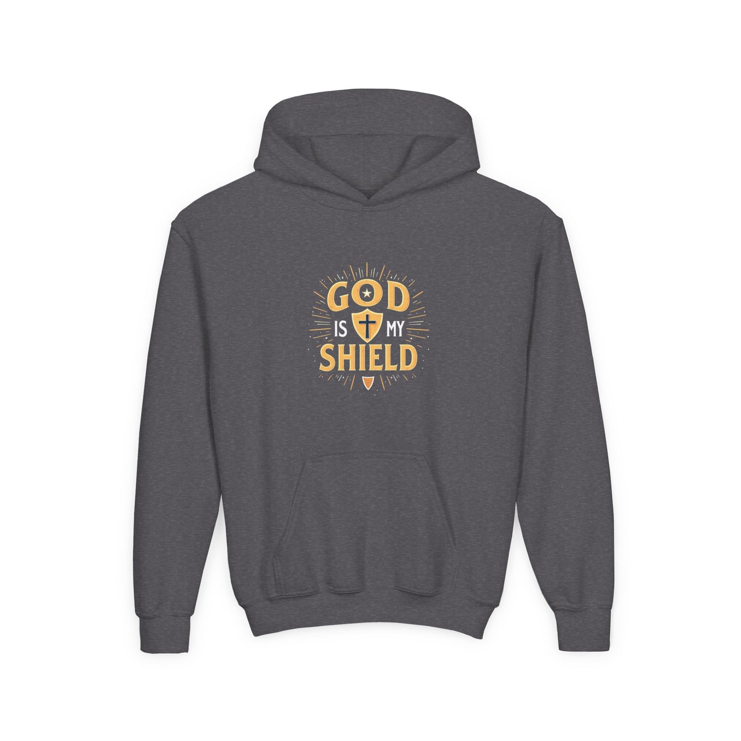 Youth Hoodie — "God Shield" Faith Graphic Pullover