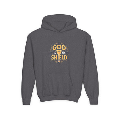 Youth Hoodie — "God Shield" Faith Graphic Pullover