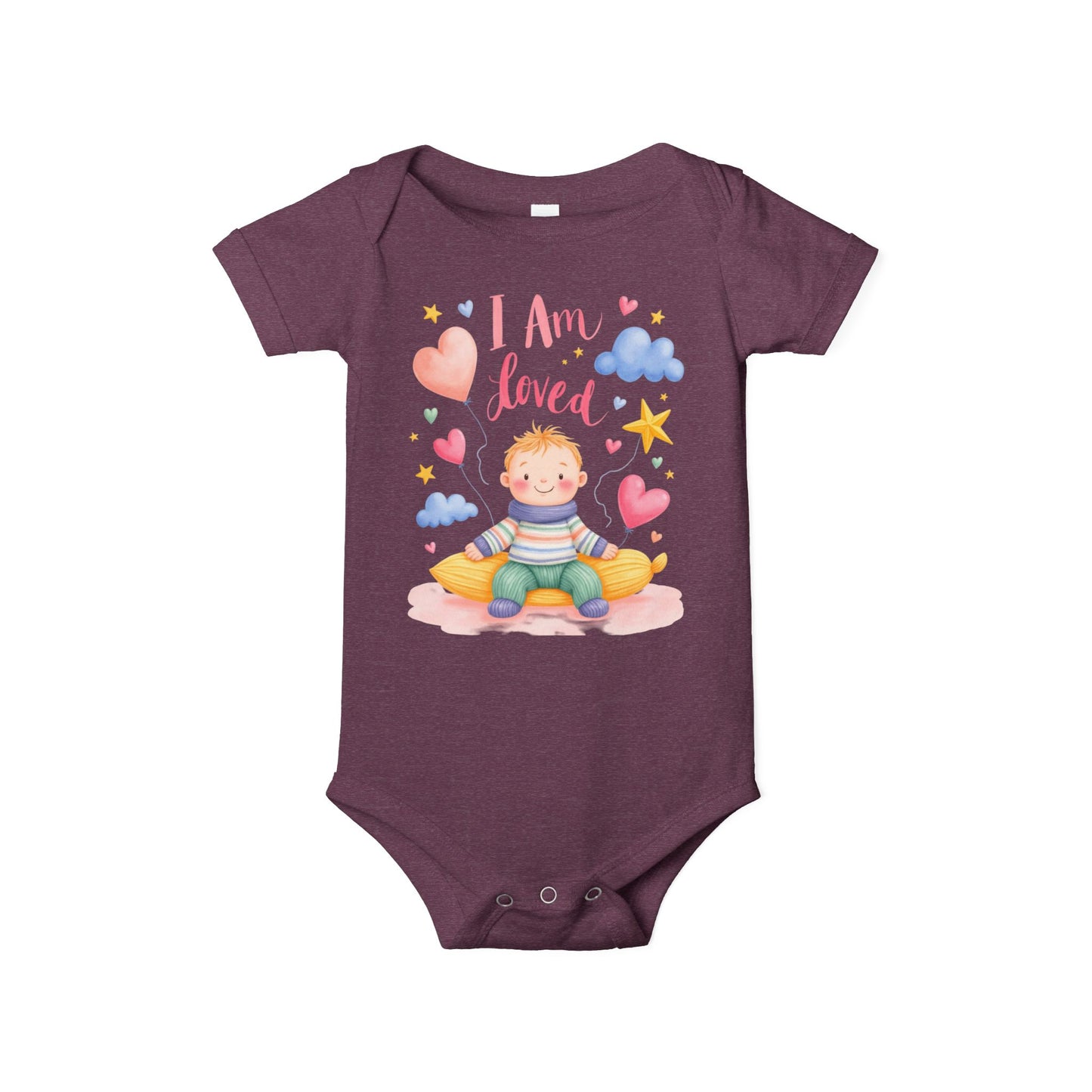 “I Am Loved” Baby Onesie – Cute Infant Bodysuit with Heart & Cloud Illustration