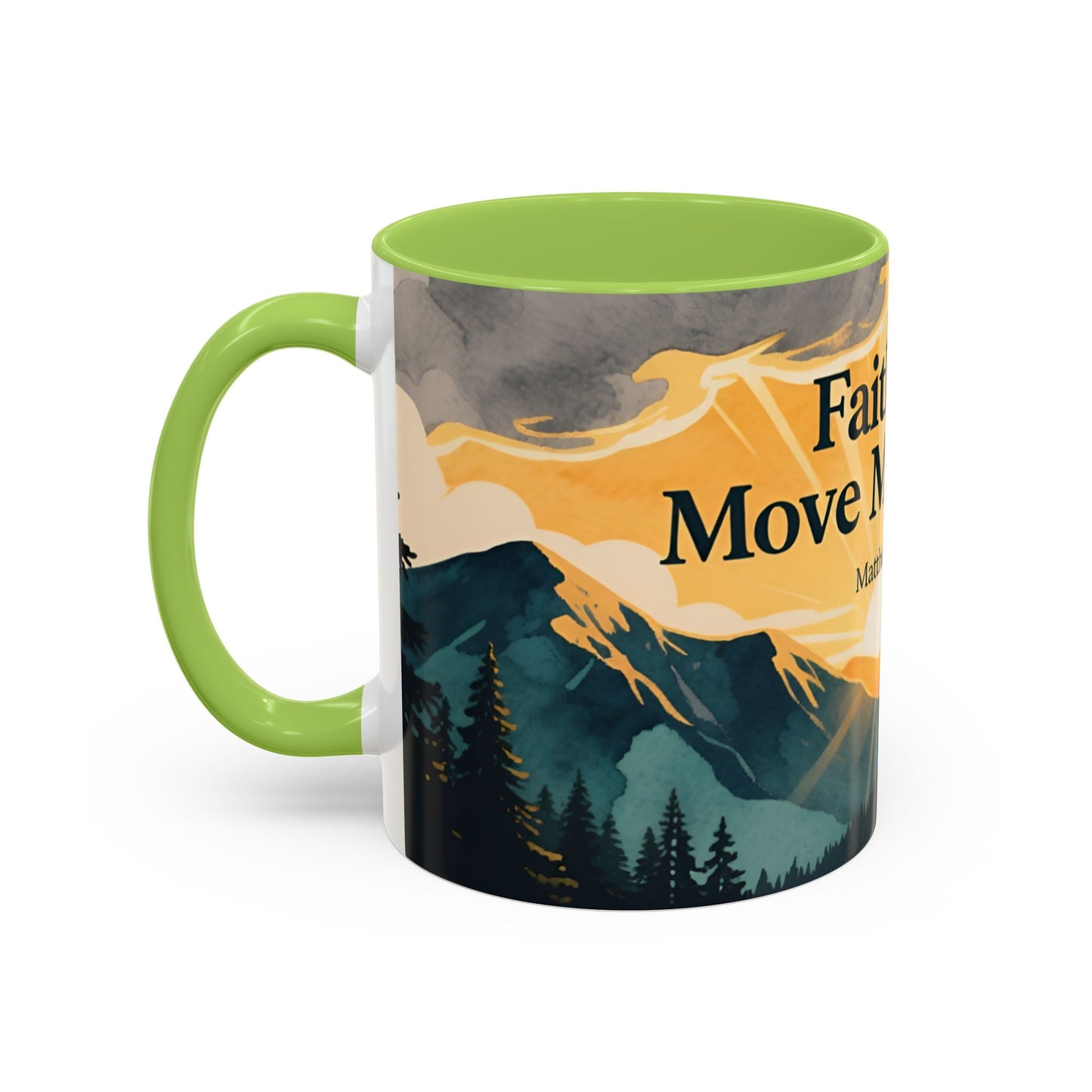 Faith Can Move Mountains Coffee Mug — Matthew 17:20 Inspirational Accent Mug