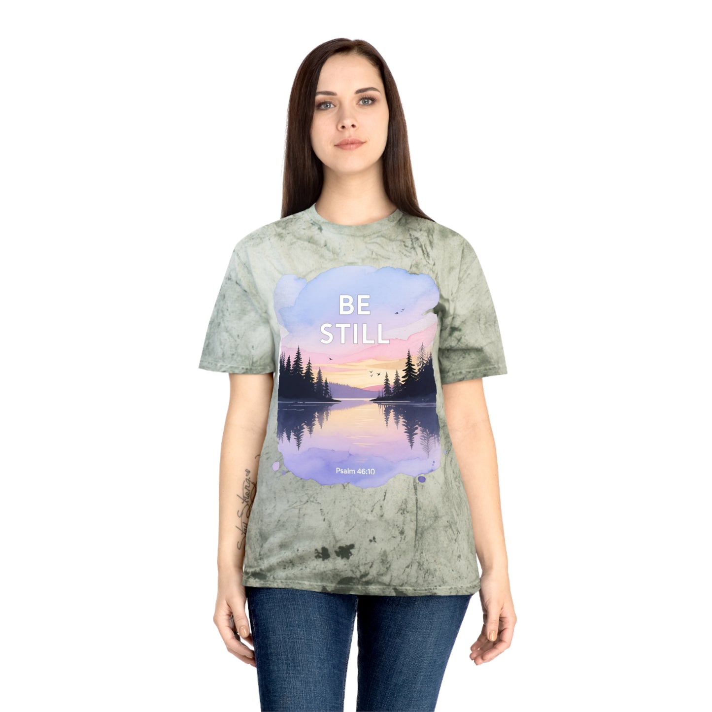 Be Still Scenic T-Shirt — Psalm 46:10 Sunset Lake Tee