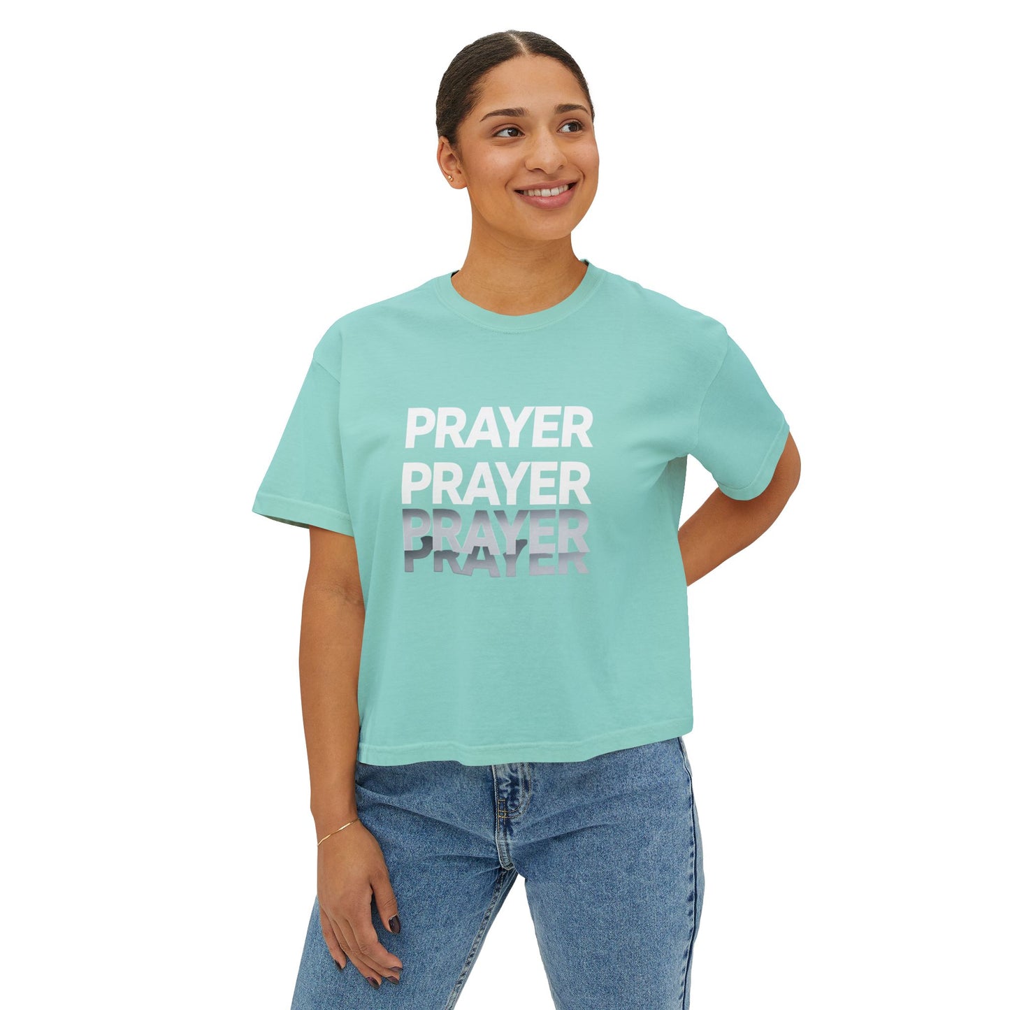 Prayer Boxy Tee — Women's Spiritual Graphic Top (Prayer Repeated Design)