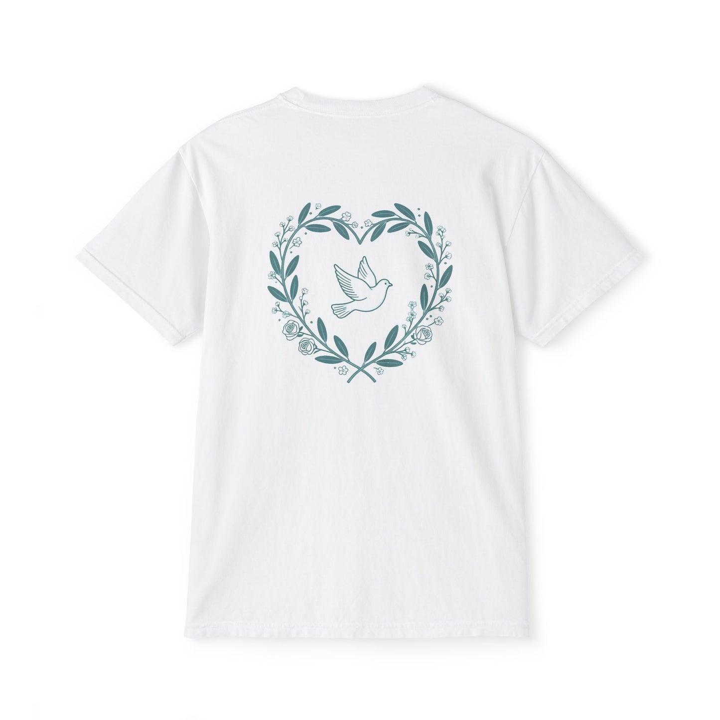 Pocket T-Shirt — Peace Dove Heart Back Graphic