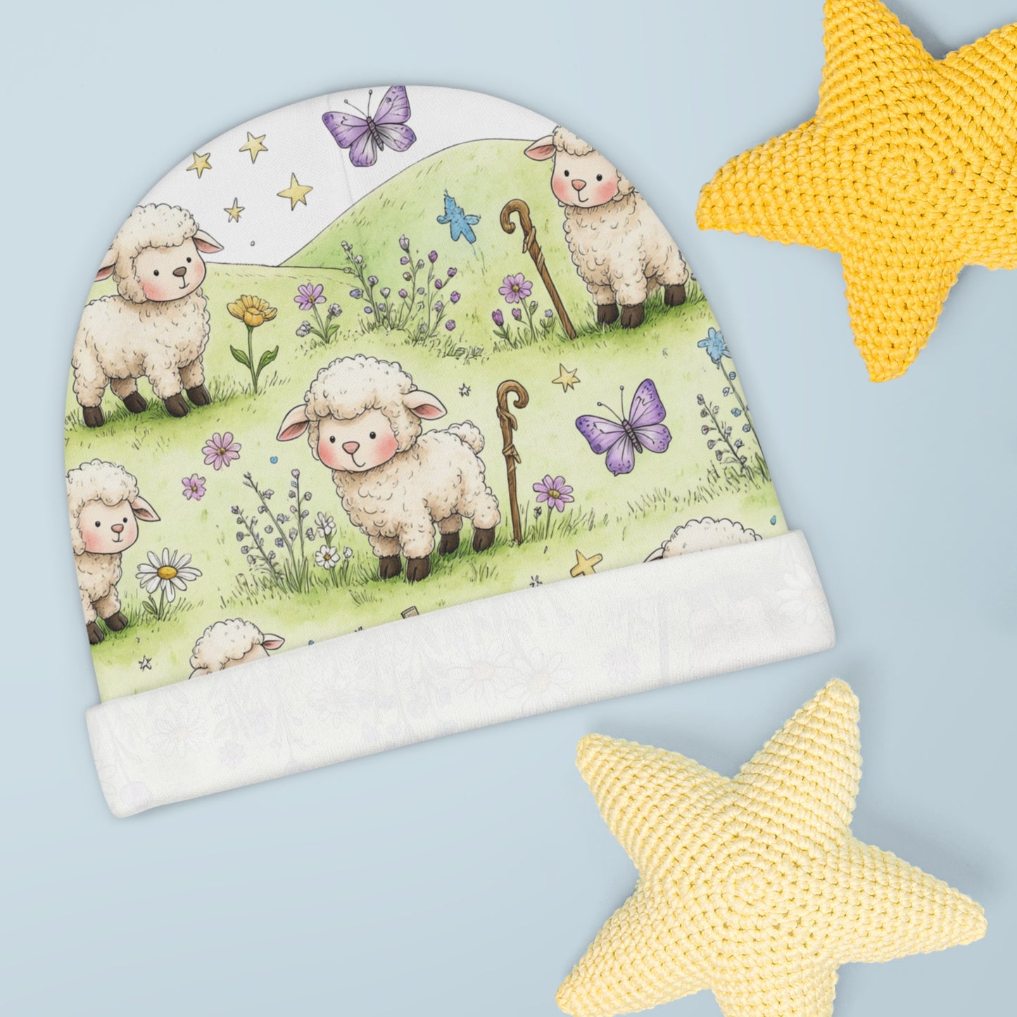 Newborn Baby Beanie — Watercolor Lambs & Butterflies Storybook Knit