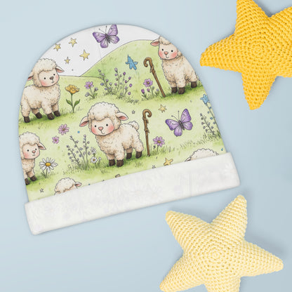 Newborn Baby Beanie — Watercolor Lambs & Butterflies Storybook Knit