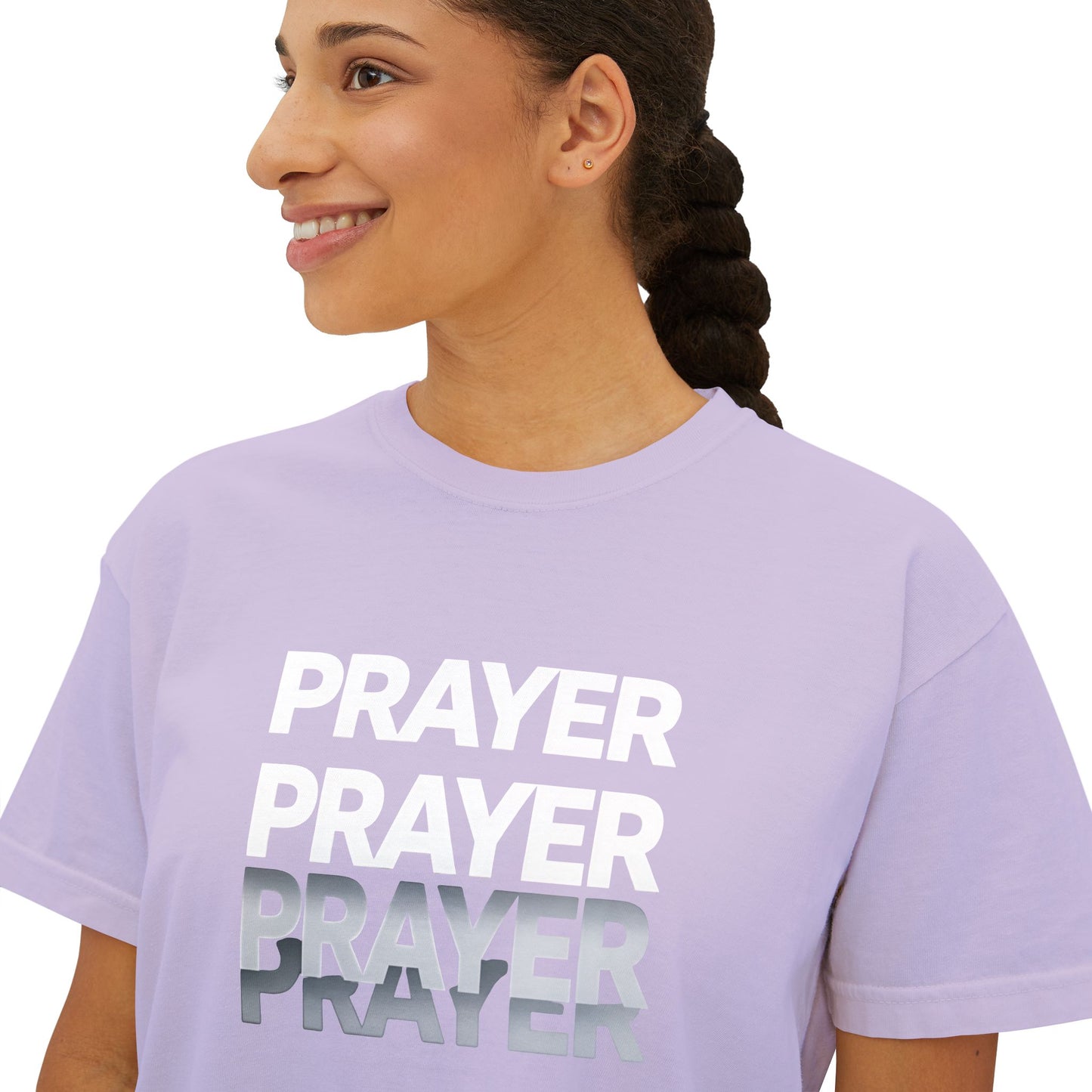 Prayer Boxy Tee — Women's Spiritual Graphic Top (Prayer Repeated Design)